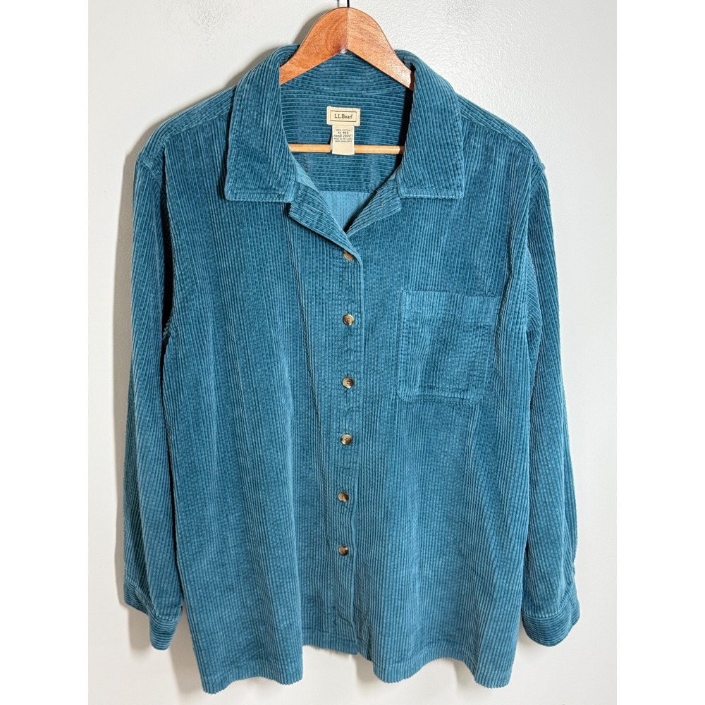 LL Bean Womens XL Blue Corduroy Button Down Shirt Long Sleeve Cotton 266127